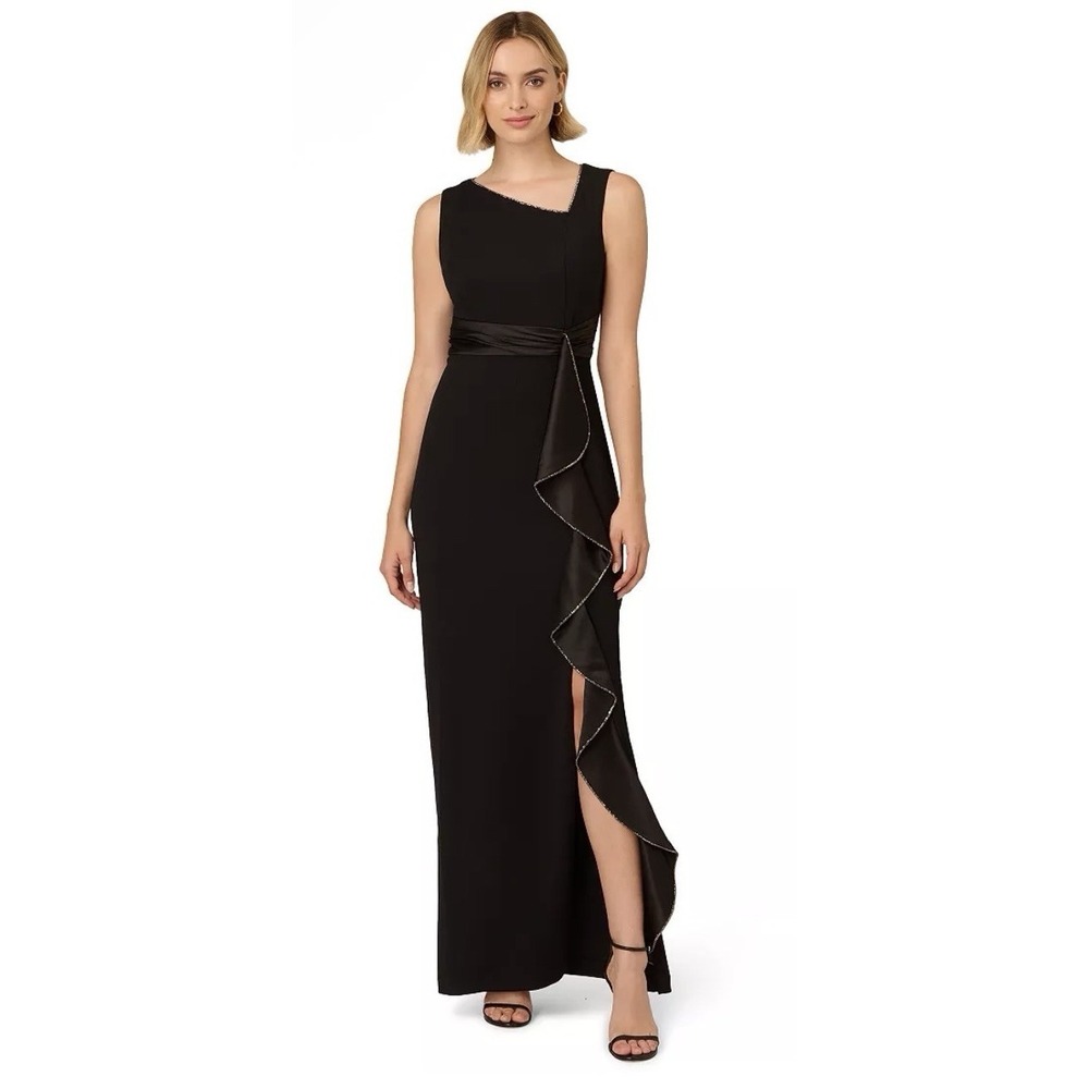 Adrianna Papell Women's Ruffled Gown Size 4 Black Ruffle Asymmetrical Neckline